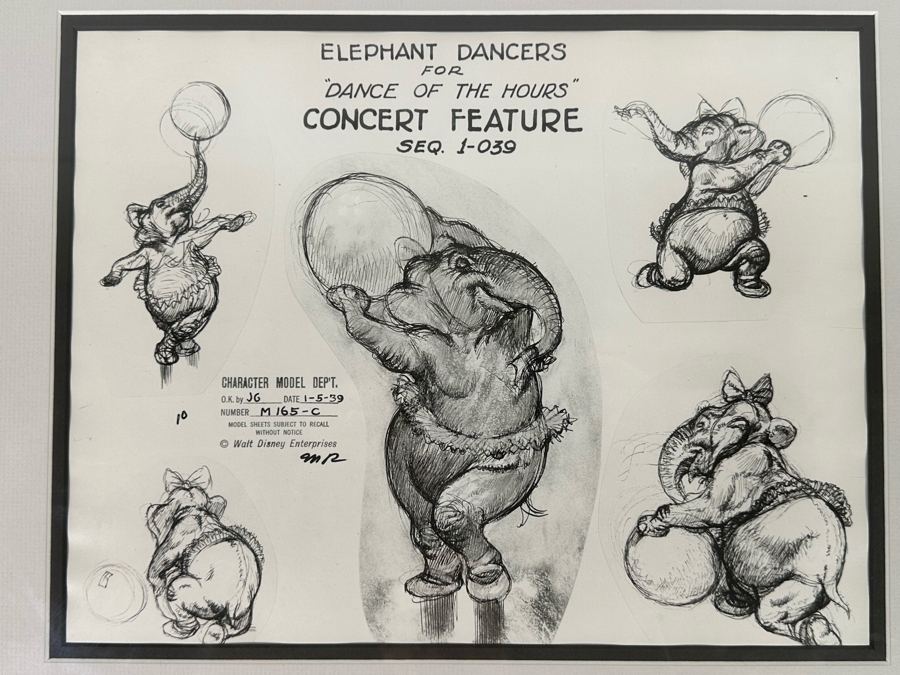 Vintage 1939 Walt Disney Productions Character Model Sheets Of Elephant Dancers For 'Dance Of The Hours' Concert Feature Seq. 1-039 No M 165 C 13.5W X 10.5H Framed 20 X 17