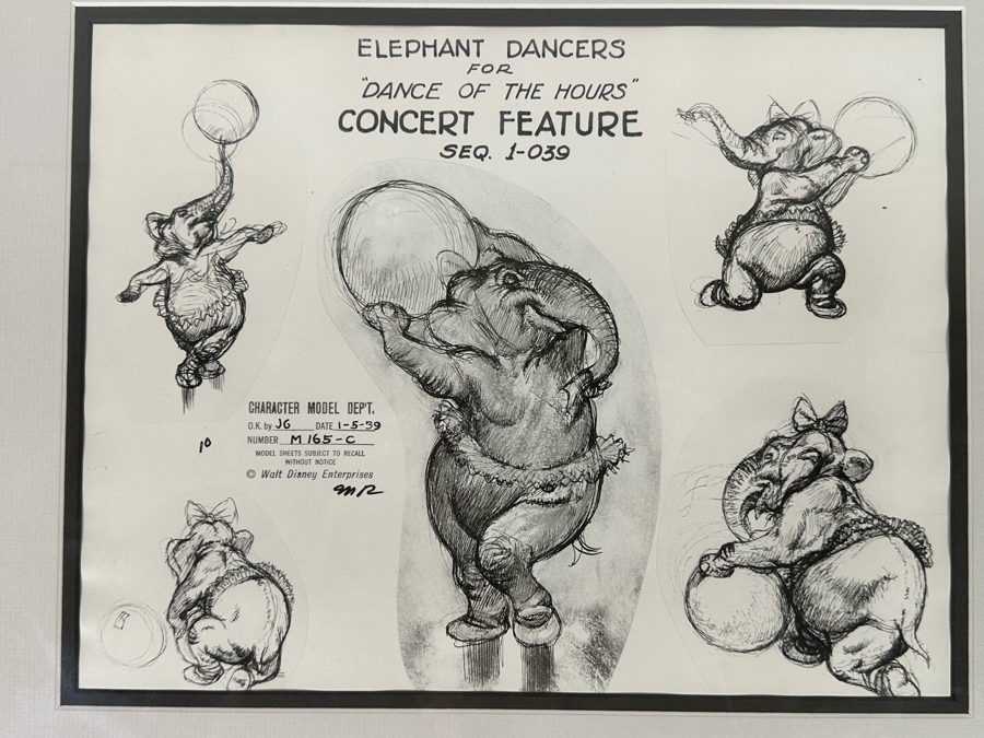 Vintage 1939 Walt Disney Productions Character Model Sheets Of Elephant Dancers For 'Dance Of The Hours' Concert Feature Seq. 1-039 No M 165 C 13.5W X 10.5H Framed 20 X 17 [Photo 4]