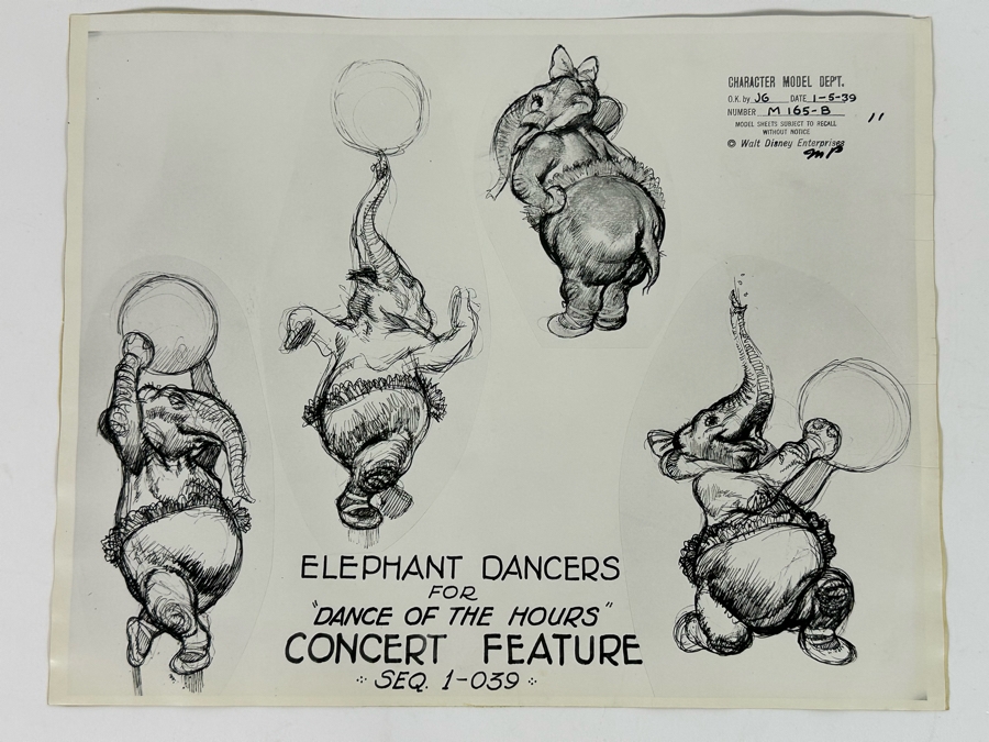 Vintage 1939 Walt Disney Productions Character Model Sheets Of Elephant Dancers For 'Dance Of The Hours' Concert Feature Seq. 1-039 No M 165 B 14W X 11H Unframed [Photo 3]