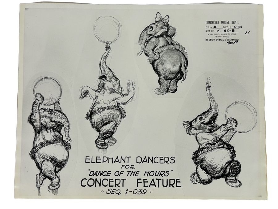 Vintage 1939 Walt Disney Productions Character Model Sheets Of Elephant Dancers For 'Dance Of The Hours' Concert Feature Seq. 1-039 No M 165 B 14W X 11H Unframed