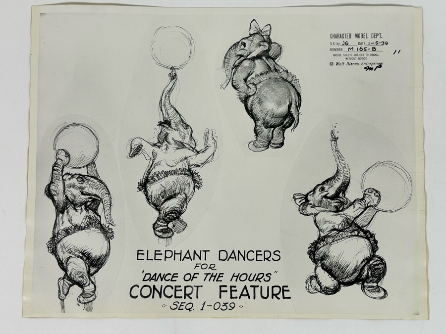 Vintage 1939 Walt Disney Productions Character Model Sheets Of Elephant Dancers For 'Dance Of The Hours' Concert Feature Seq. 1-039 No M 165 B 14W X 11H Unframed [Photo 2]