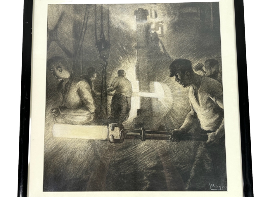 Original Art Deco Machine Age Factory Illustration Signed L Koyro 18.5 X 19.5 Framed 23.5 X 24.5