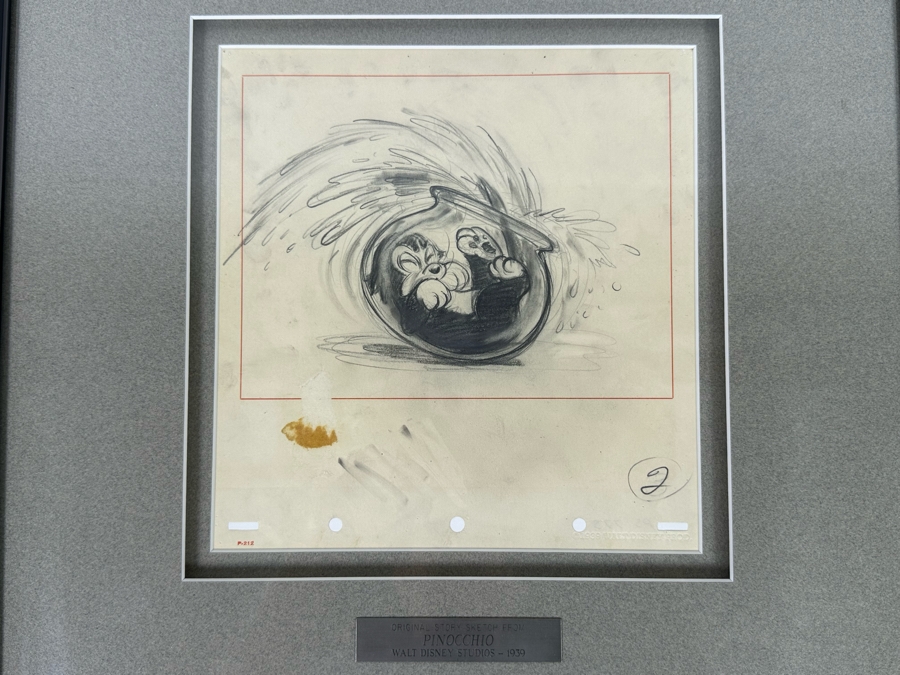 Original Story Sketch From Pinocchio Walt Disney Studios 1939 Of Cat Getting Stuck In A Fishbowl Originally Auctioned Off In 1990 By Christie's (See Info On Back In Photos) 8 X 8.5 Framed 15.5 X 16.5 [Photo 3]