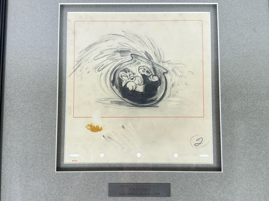 Original Story Sketch From Pinocchio Walt Disney Studios 1939 Of Cat Getting Stuck In A Fishbowl Originally Auctioned Off In 1990 By Christie's (See Info On Back In Photos) 8 X 8.5 Framed 15.5 X 16.5 [Photo 6]