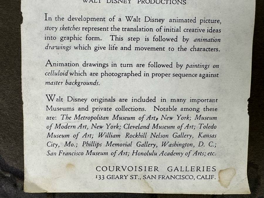 Original Story Sketch From Pinocchio Walt Disney Studios 1939 Of Cat Getting Stuck In A Fishbowl Originally Auctioned Off In 1990 By Christie's (See Info On Back In Photos) 8 X 8.5 Framed 15.5 X 16.5 [Photo 26]