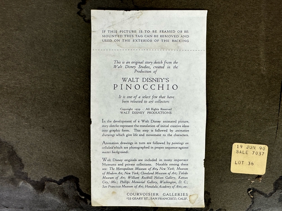 Original Story Sketch From Pinocchio Walt Disney Studios 1939 Of Cat Getting Stuck In A Fishbowl Originally Auctioned Off In 1990 By Christie's (See Info On Back In Photos) 8 X 8.5 Framed 15.5 X 16.5 [Photo 24]