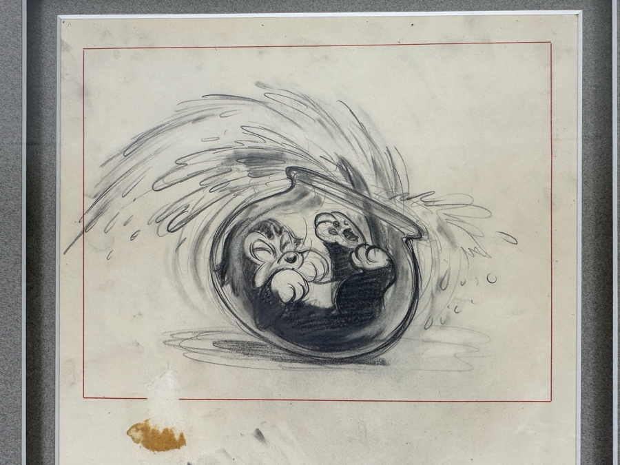 Original Story Sketch From Pinocchio Walt Disney Studios 1939 Of Cat Getting Stuck In A Fishbowl Originally Auctioned Off In 1990 By Christie's (See Info On Back In Photos) 8 X 8.5 Framed 15.5 X 16.5 [Photo 7]
