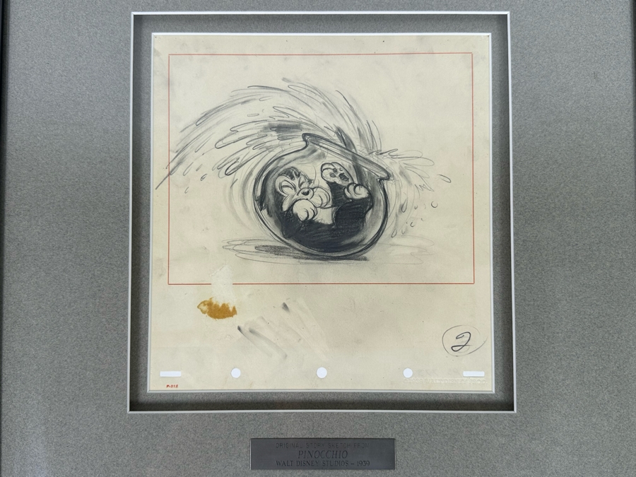 Original Story Sketch From Pinocchio Walt Disney Studios 1939 Of Cat Getting Stuck In A Fishbowl Originally Auctioned Off In 1990 By Christie's (See Info On Back In Photos) 8 X 8.5 Framed 15.5 X 16.5