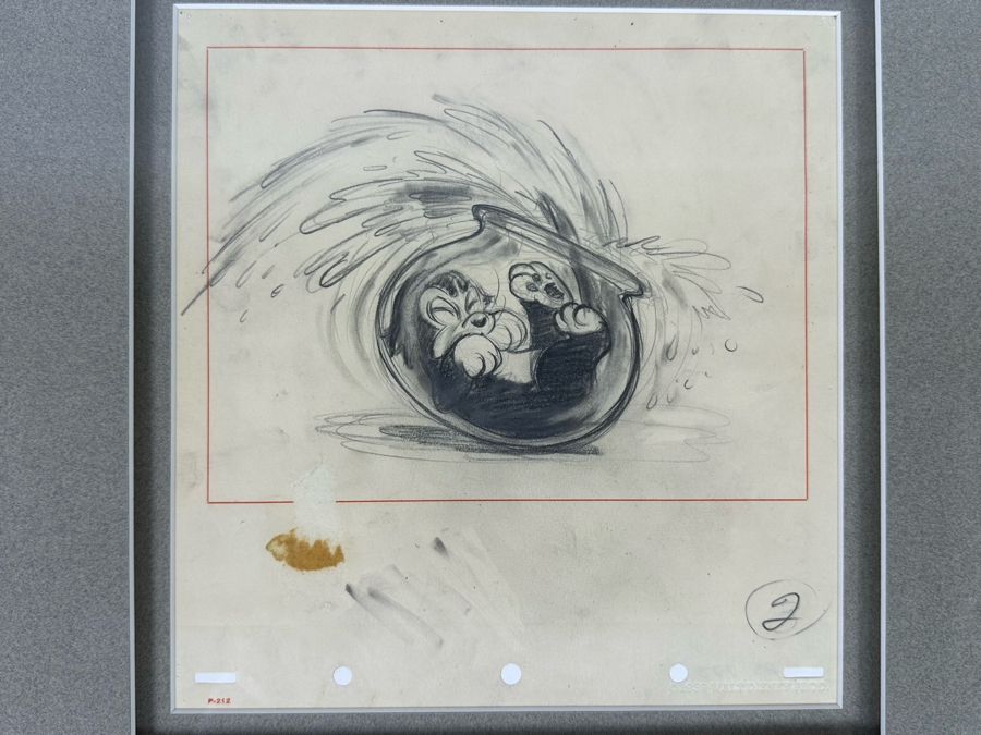 Original Story Sketch From Pinocchio Walt Disney Studios 1939 Of Cat Getting Stuck In A Fishbowl Originally Auctioned Off In 1990 By Christie's (See Info On Back In Photos) 8 X 8.5 Framed 15.5 X 16.5 [Photo 15]