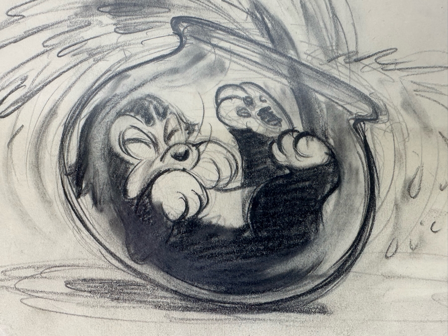 Original Story Sketch From Pinocchio Walt Disney Studios 1939 Of Cat Getting Stuck In A Fishbowl Originally Auctioned Off In 1990 By Christie's (See Info On Back In Photos) 8 X 8.5 Framed 15.5 X 16.5 [Photo 8]