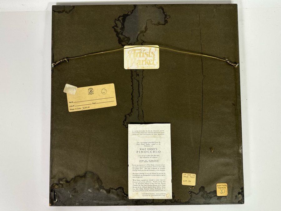 Original Story Sketch From Pinocchio Walt Disney Studios 1939 Of Cat Getting Stuck In A Fishbowl Originally Auctioned Off In 1990 By Christie's (See Info On Back In Photos) 8 X 8.5 Framed 15.5 X 16.5 [Photo 22]