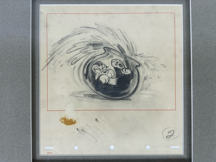 Original Story Sketch From Pinocchio Walt Disney Studios 1939 Of Cat Getting Stuck In A Fishbowl Originally Auctioned Off In 1990 By Christie's (See Info On Back In Photos) 8 X 8.5 Framed 15.5 X 16.5 [Photo 16]