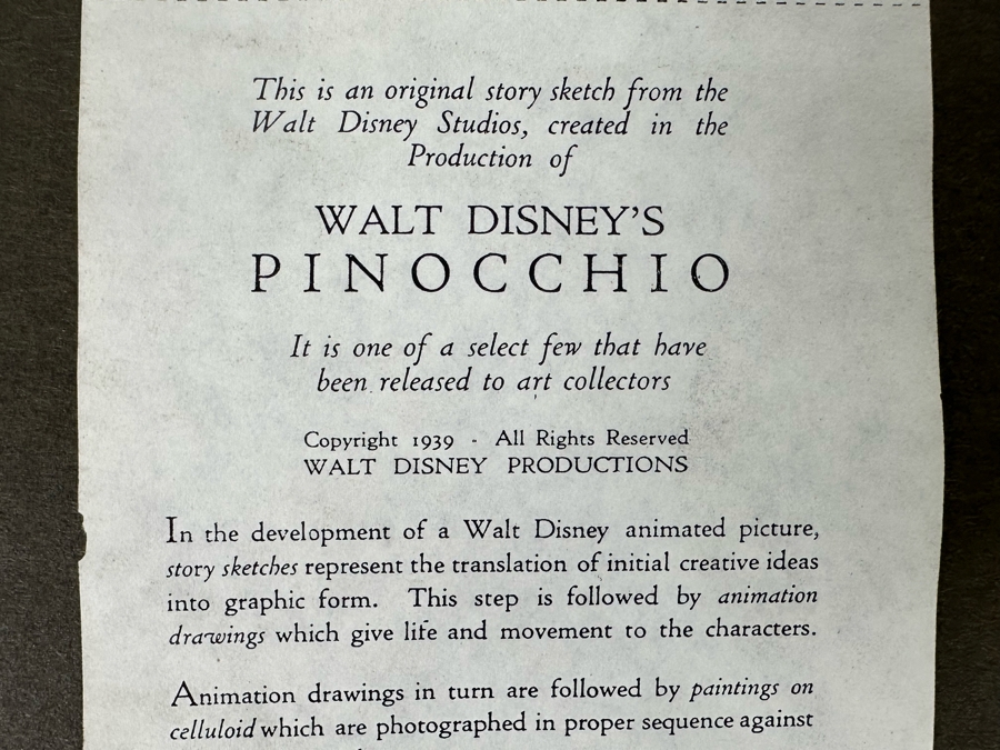 Original Story Sketch From Pinocchio Walt Disney Studios 1939 Of Cat Getting Stuck In A Fishbowl Originally Auctioned Off In 1990 By Christie's (See Info On Back In Photos) 8 X 8.5 Framed 15.5 X 16.5 [Photo 25]