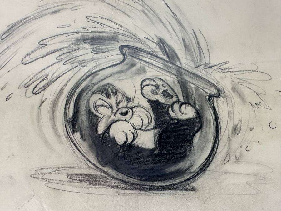 Original Story Sketch From Pinocchio Walt Disney Studios 1939 Of Cat Getting Stuck In A Fishbowl Originally Auctioned Off In 1990 By Christie's (See Info On Back In Photos) 8 X 8.5 Framed 15.5 X 16.5 [Photo 9]