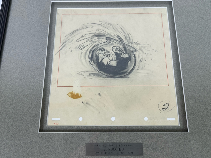 Original Story Sketch From Pinocchio Walt Disney Studios 1939 Of Cat Getting Stuck In A Fishbowl Originally Auctioned Off In 1990 By Christie's (See Info On Back In Photos) 8 X 8.5 Framed 15.5 X 16.5 [Photo 5]