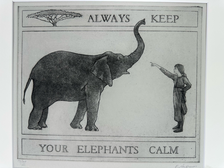 Hand Signed Elizabeth Andrews Etching 'Always Keep Your Elephants Calm' Limited Edition 53 Of 100 III 10 X 9 [Photo 3]