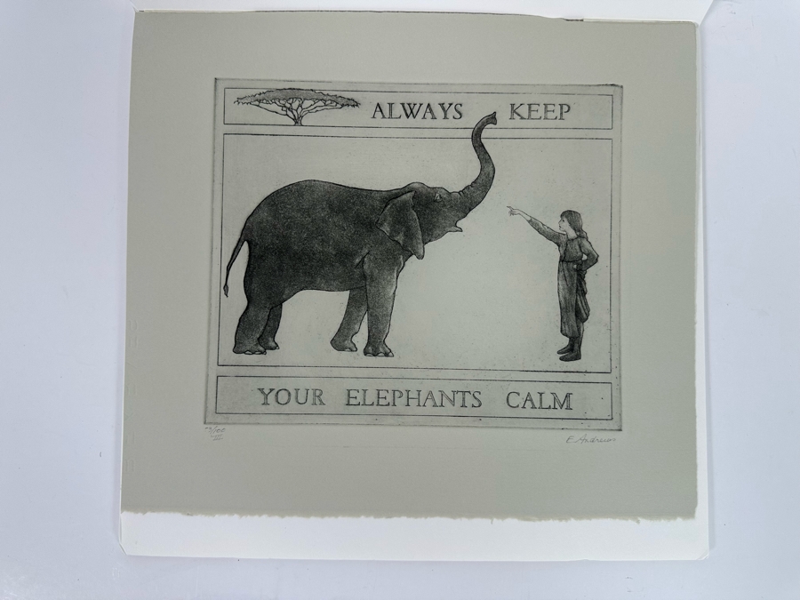 Hand Signed Elizabeth Andrews Etching 'Always Keep Your Elephants Calm' Limited Edition 53 Of 100 III 10 X 9 [Photo 8]