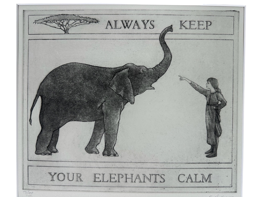 Hand Signed Elizabeth Andrews Etching 'Always Keep Your Elephants Calm' Limited Edition 53 Of 100 III 10 X 9