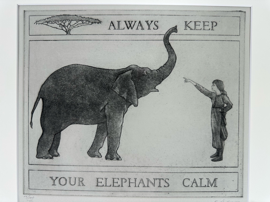 Hand Signed Elizabeth Andrews Etching 'Always Keep Your Elephants Calm' Limited Edition 53 Of 100 III 10 X 9 [Photo 2]