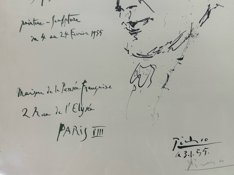 Pablo Picasso (1881-1973, Spanish) Original Hand Signed Lithograph School Of Paris Exhibition 'Hommage Au Poete Antonio Machado Paris 1955' 'Imp. Moderne Du Lion, Paris' Pencil Signed Picasso Lower Right 19.5 X 26 Framed 23 X 29 [Photo 6]