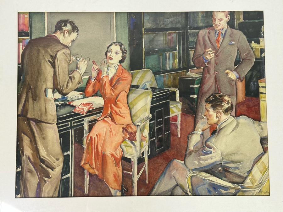 Original Watercolor Illustration For Woman's Home Companion February Issue Office Scene 24.5 X 18 Framed 33.5 X 28 [Photo 1]