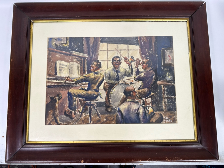 Original Jazz Band Mixed Media Drawing On Paper By Ray Fuchs 22 X 15 Framed 34 X 27 [Photo 3]