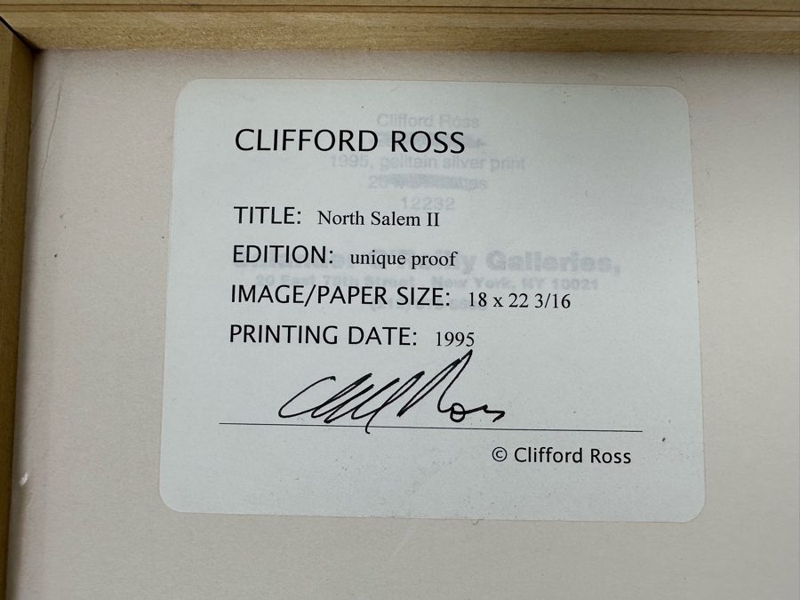 Clifford Ross (B. 1952, American) Unique Proof Photograph Titled 'North Salem II' 18 X 22 3/16 1995 Framed 35 X 29 Hand Signed On Back [Photo 6]