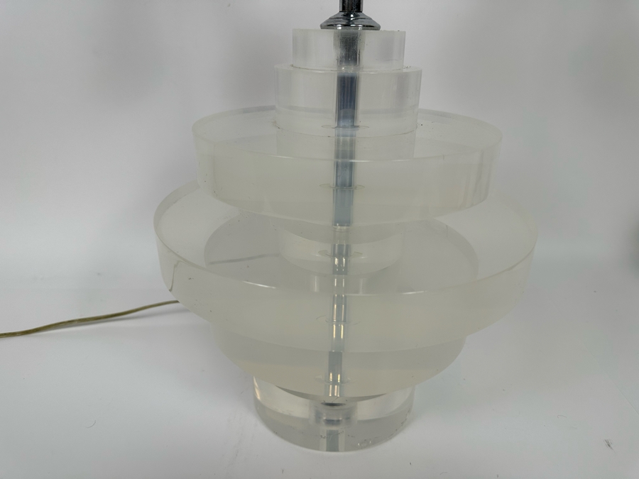Vintage Heavy Lucite Stacking Disk Table Lamp In Manner Of / Possible Karl Springer Design With Modern Restoration Hardware Shade 11W X 23H [Photo 8]