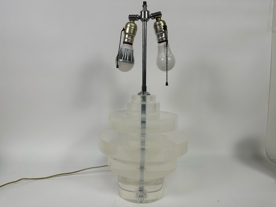 Vintage Heavy Lucite Stacking Disk Table Lamp In Manner Of / Possible Karl Springer Design With Modern Restoration Hardware Shade 11W X 23H [Photo 7]
