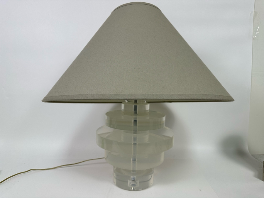 Vintage Heavy Lucite Stacking Disk Table Lamp In Manner Of / Possible Karl Springer Design With Modern Restoration Hardware Shade 11W X 23H [Photo 4]
