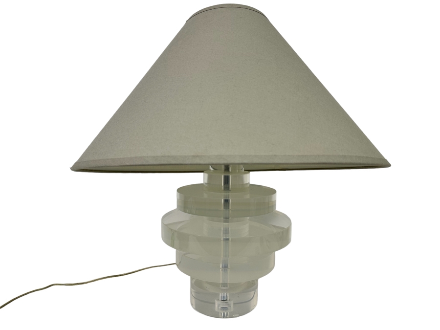 Vintage Heavy Lucite Stacking Disk Table Lamp In Manner Of / Possible Karl Springer Design With Modern Restoration Hardware Shade 11W X 23H [Photo 3]