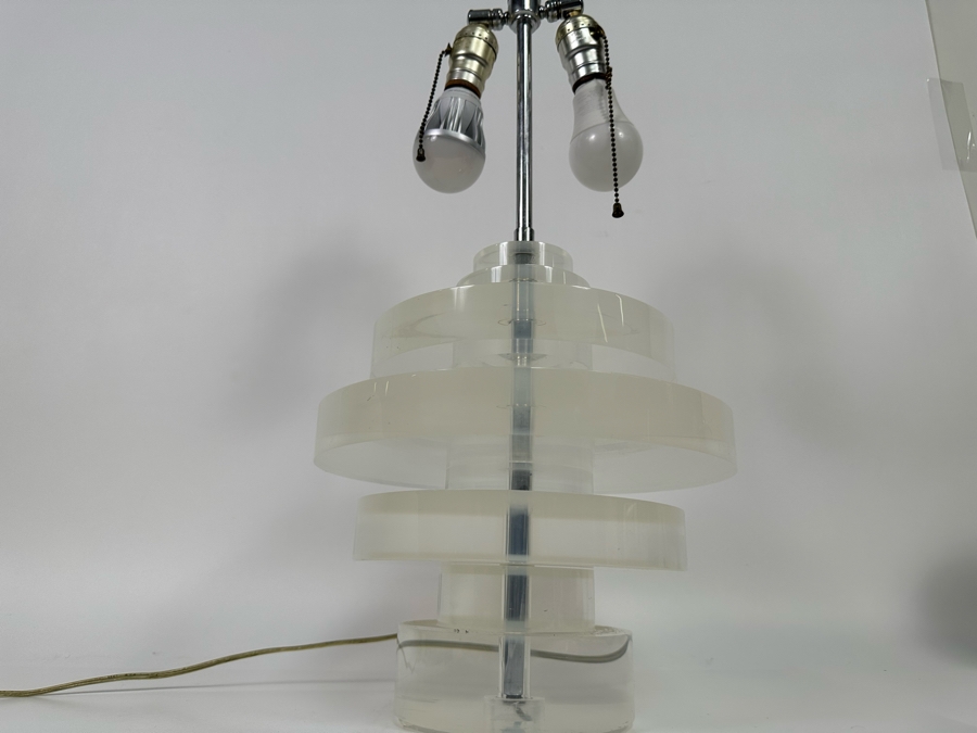 Vintage Heavy Lucite Stacking Disk Table Lamp In Manner Of / Possible Karl Springer Design With Modern Restoration Hardware Shade 11W X 23H [Photo 10]