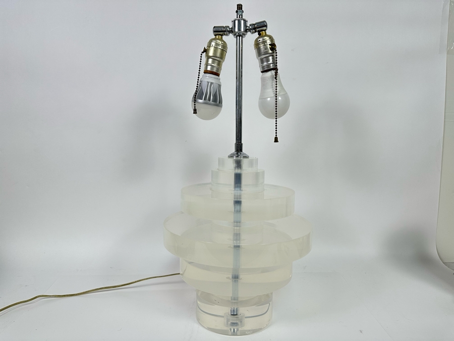 Vintage Heavy Lucite Stacking Disk Table Lamp In Manner Of / Possible Karl Springer Design With Modern Restoration Hardware Shade 11W X 23H [Photo 6]