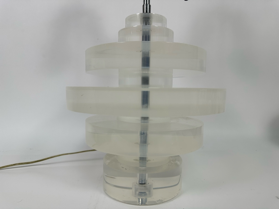 Vintage Heavy Lucite Stacking Disk Table Lamp In Manner Of / Possible Karl Springer Design With Modern Restoration Hardware Shade 11W X 23H [Photo 9]
