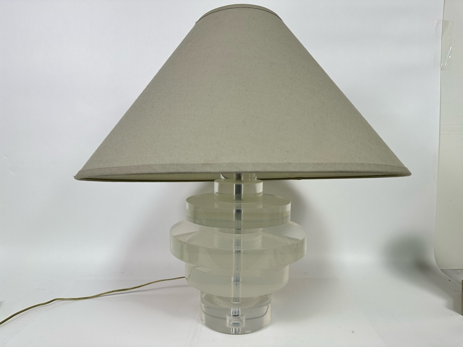 Vintage Heavy Lucite Stacking Disk Table Lamp In Manner Of / Possible Karl Springer Design With Modern Restoration Hardware Shade 11W X 23H [Photo 5]