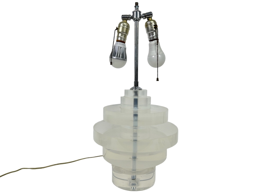 Vintage Heavy Lucite Stacking Disk Table Lamp In Manner Of / Possible Karl Springer Design With Modern Restoration Hardware Shade 11W X 23H [Photo 2]