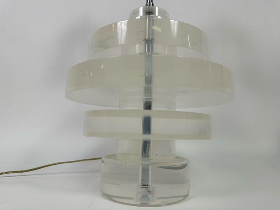 Vintage Heavy Lucite Stacking Disk Table Lamp In Manner Of / Possible Karl Springer Design With Modern Restoration Hardware Shade 11W X 23H [Photo 11]