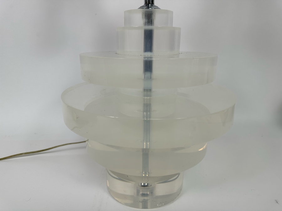 Vintage Heavy Lucite Stacking Disk Table Lamp In Manner Of / Possible Karl Springer Design With Modern Restoration Hardware Shade 11W X 23H [Photo 12]