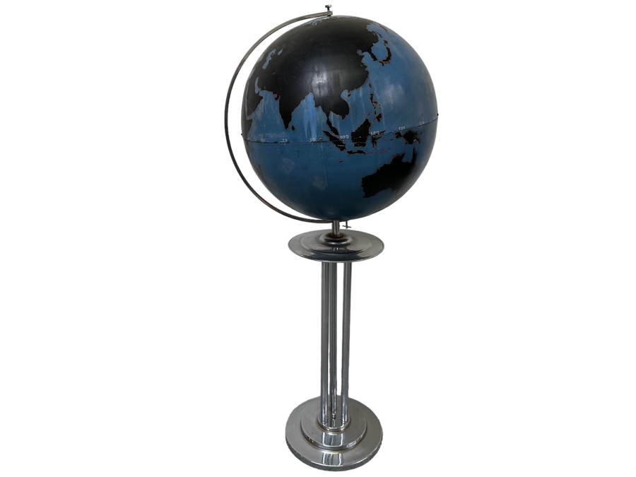 Rare Vintage Art Deco WWII Air Force Metal Chalk Globe For Plotting Missions With Period Chrome Stand 20W X 55H [Photo 1]