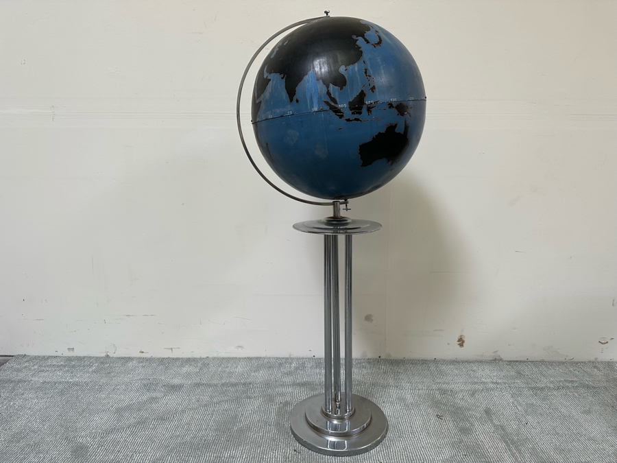 Rare Vintage Art Deco WWII Air Force Metal Chalk Globe For Plotting Missions With Period Chrome Stand 20W X 55H [Photo 3]