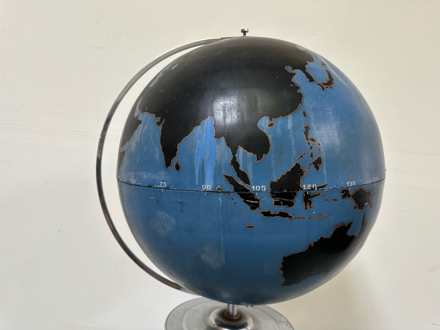 Rare Vintage Art Deco WWII Air Force Metal Chalk Globe For Plotting Missions With Period Chrome Stand 20W X 55H [Photo 5]