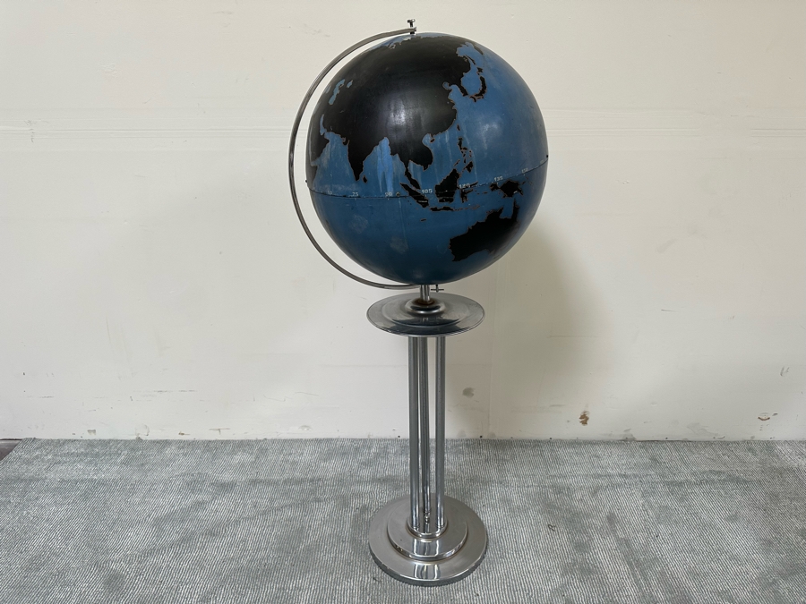 Rare Vintage Art Deco WWII Air Force Metal Chalk Globe For Plotting Missions With Period Chrome Stand 20W X 55H [Photo 21]