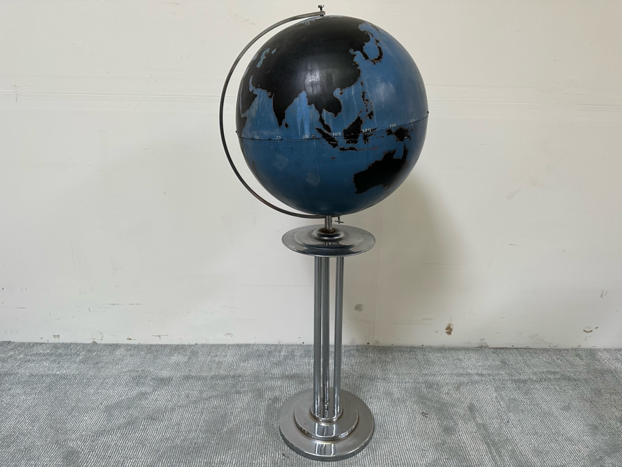 Rare Vintage Art Deco WWII Air Force Metal Chalk Globe For Plotting Missions With Period Chrome Stand 20W X 55H [Photo 4]