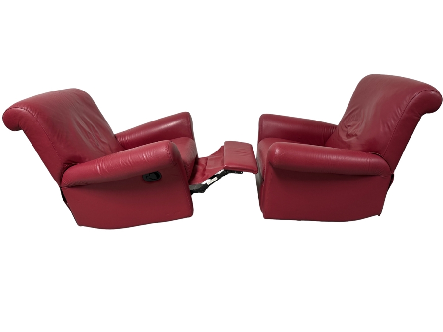 Pair Of Red Leather Swivel Reclining Side Chairs 37W X 32D X 38H [Photo 3]