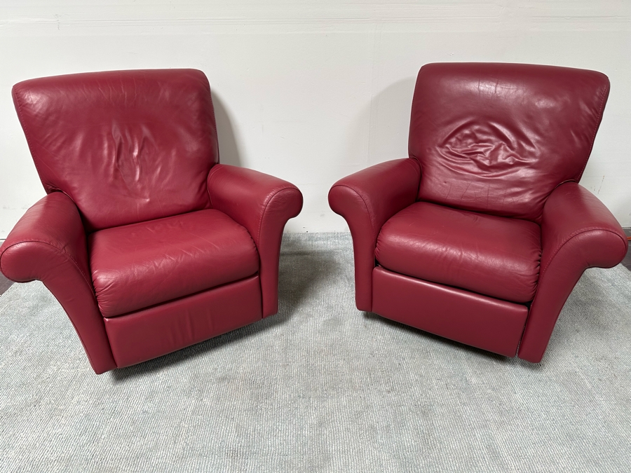 Pair Of Red Leather Swivel Reclining Side Chairs 37W X 32D X 38H [Photo 5]