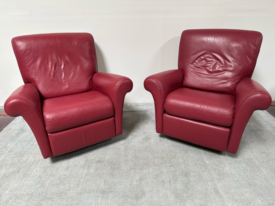 Pair Of Red Leather Swivel Reclining Side Chairs 37W X 32D X 38H [Photo 4]