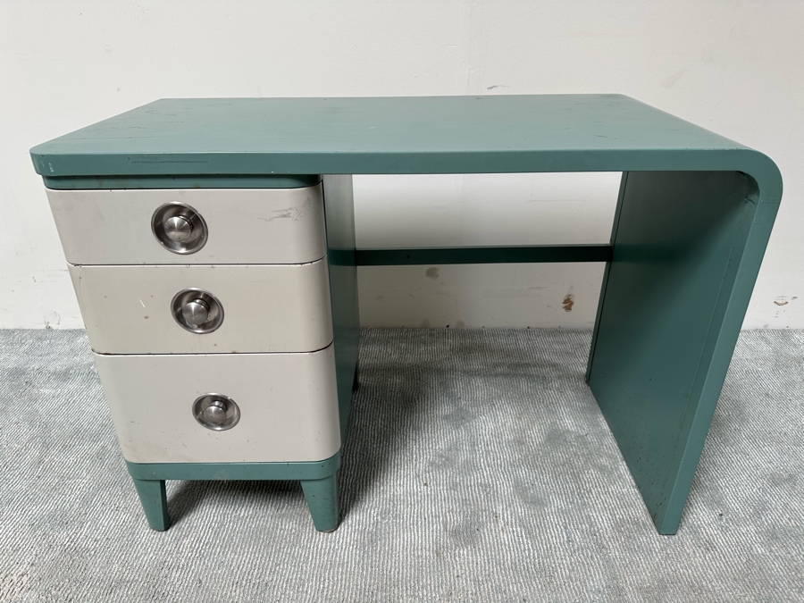 Norman Bel Geddes Vintage Art Deco Machine Age Metal Two-Tone Three-Drawer Desk By Simmons 43W X 21D X 29.5H [Photo 4]