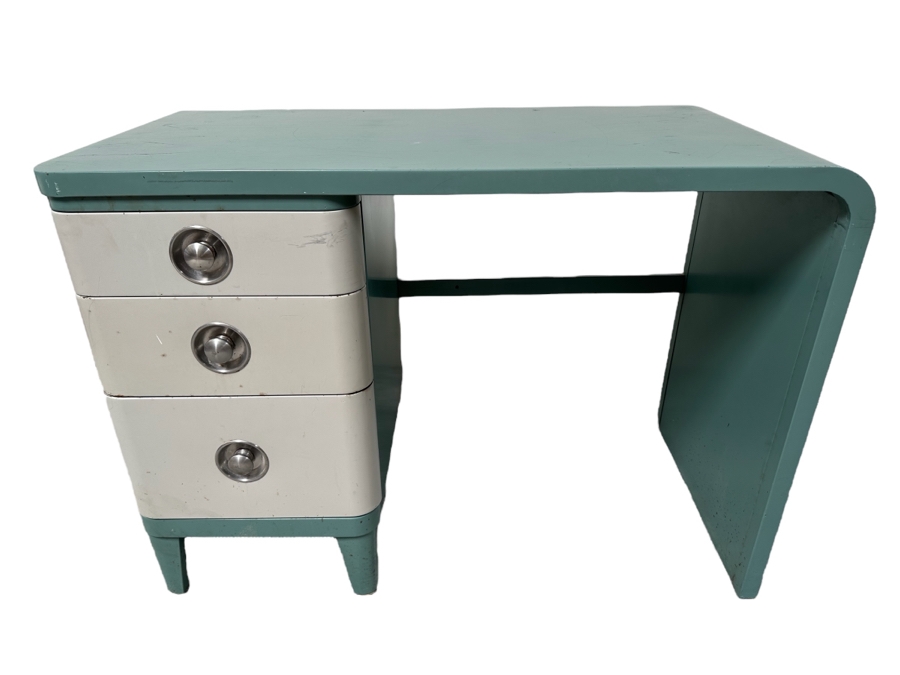 Norman Bel Geddes Vintage Art Deco Machine Age Metal Two-Tone Three-Drawer Desk By Simmons 43W X 21D X 29.5H