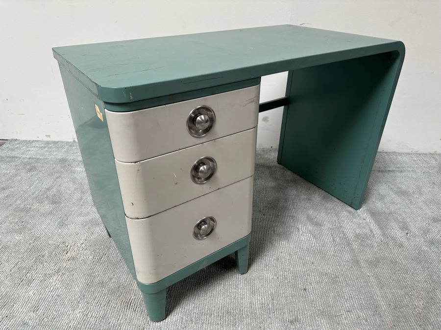Norman Bel Geddes Vintage Art Deco Machine Age Metal Two-Tone Three-Drawer Desk By Simmons 43W X 21D X 29.5H [Photo 8]