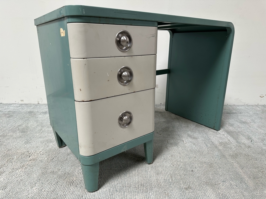 Norman Bel Geddes Vintage Art Deco Machine Age Metal Two-Tone Three-Drawer Desk By Simmons 43W X 21D X 29.5H [Photo 7]
